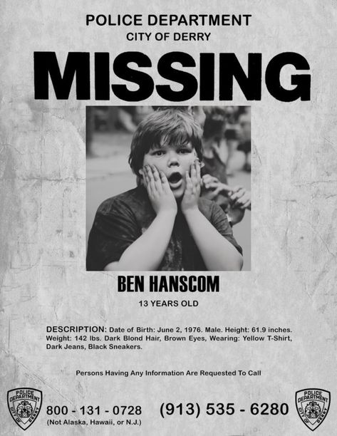 Ben Hanscom, It Eso, Missing Poster, Es Pennywise, It The Clown Movie, Losers Club, I'm A Loser, Movie Poster Wall, Horror Posters