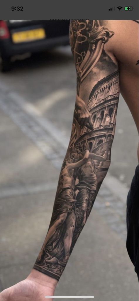 Men Greek Tattoos, Full Arm Tattoo Men Design Inspiration, Gladiator Sleeve Tattoo, Roman Gods Tattoo, Realistic Tattoo Sleeve Men, Full Arm Tattoo Men, Religious Sleeve Tattoos, Full Leg Tattoo, Inside Of Arm Tattoo