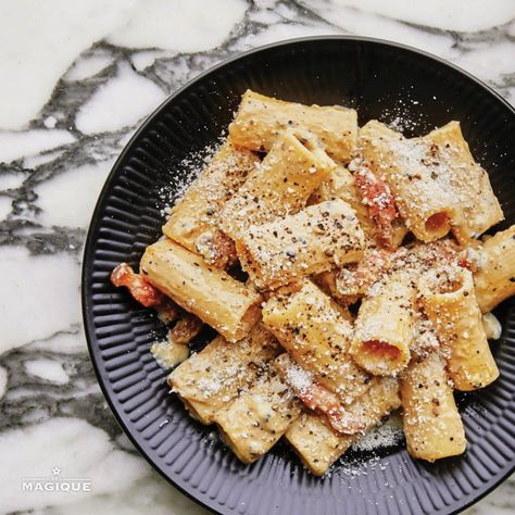 Rigatoni Carbonara, Classic Carbonara Recipe, Traditional Carbonara Recipe, Classic Carbonara, Popular Pasta Recipes, Baked Rigatoni, Ricotta Gnocchi, Vegan Pantry, Lemon Zucchini