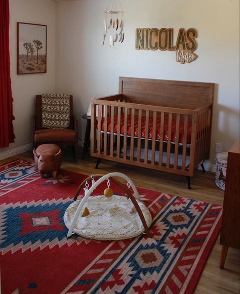 Southwest Nursery Girl, Nursery Ideas Western Theme, Southwest Baby Nursery, Old Western Nursery, Mexican Nursery, Native American Interior Design, Boho Western Nursery, Native American Nursery, Country Baby Rooms