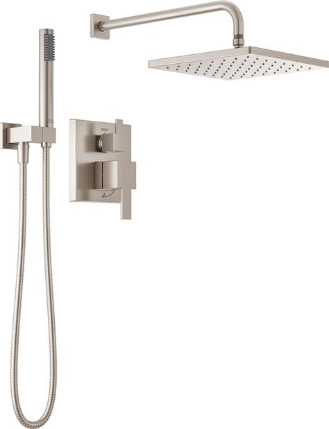 Delta Faucet Modern Raincan 2-Setting Square Shower System Including Rain Shower Head and Handheld Spray Brushed Nickel, Rainfall Shower System Brushed Nickel, Spotshield Stainless 342701-SP - Amazon.com Delta Shower Fixtures, Bathroom Shower Heads, Shower Fixtures, Delta Faucets, Rainfall Shower, Ceiling Fan In Kitchen, Rain Shower Head, Bathtub Shower, Bath Fixtures