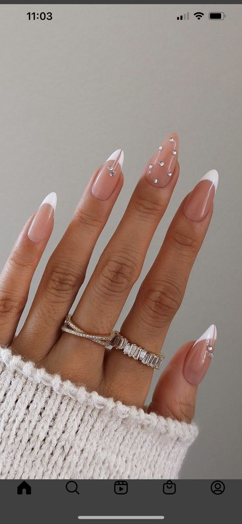 Nail Inspo For April, Almond Nails Rhinestones Simple, Simple Nail Design With Gems, Simple Nails With Diamonds Rhinestones, Acrylic Nail Designs Natural Classy, Diamonds On French Tip Nails, Easy Diamond Nail Design, Neutral Gem Nails, Bling Almond Nails Designs