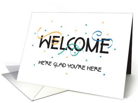 So glad you're here! This card is a stylish and festive way for any type of business, large or small, to welcome all of their new employees. The white card has a flurry of color that appears in the curly streamers and flecks of confetti that enhance and add excitement to the central black hand lettered word, "Welcome". Below this large word, in smaller writing, is the wording "We're glad you're here", #businessnew #employeewelcome #welcomenewemployees #excitement #california #usa Confetti Cards, Welcome To The Team, Business Theme, Welcome Card, New Employee, Free Ecards, New Office, Black Hand, Hand Lettered