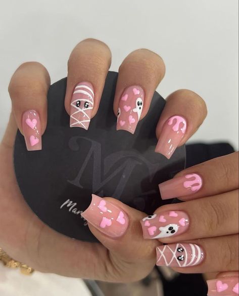 Halloween Nails Pink, Nails Medium Square, Nails With Pink, Pink Press On Nails, Fake Nails White, Halloween Manicure, Halloween Press On Nails, Press On Nails Medium, Cute Halloween Nails