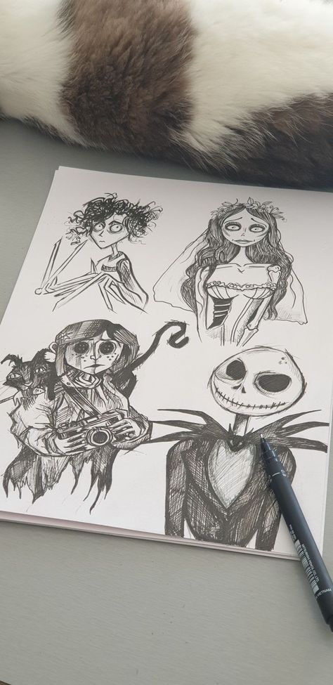 Halloween Sketches Aesthetic, Drawing Ideas Tim Burton, Tim Burton Style Sketches, Drawing Inspo Halloween, Drawings Ideas Halloween, Halloween Inspired Drawings, Tim Burton Artist Research Page, Halloween Character Drawings, Drawings On Legs Art With Pen