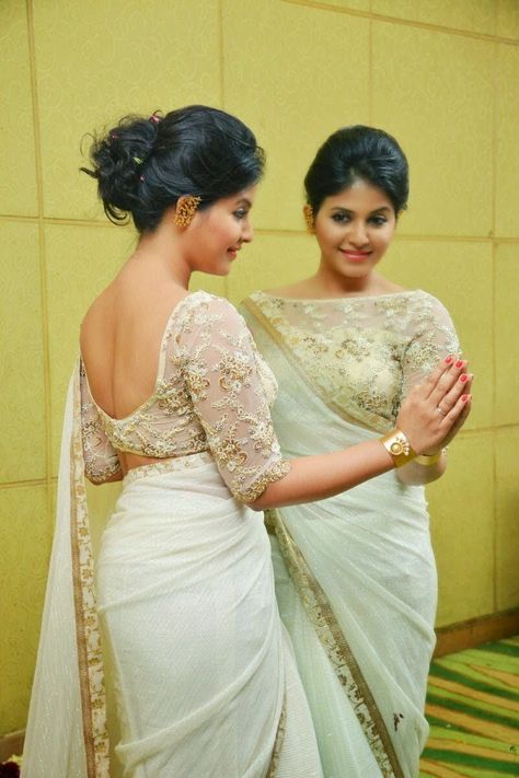 Saree Images, Blouse Pictures, Saree Jackets, Women In White, Bridesmaid Saree, Sari Blouse Designs, Saree And Blouse, White Saree, Saree Blouse Patterns