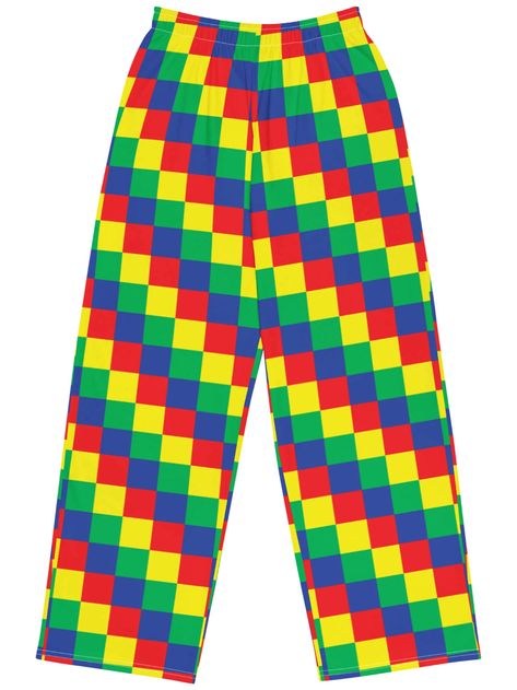 Bold and colorful checker patterned pants to brighten up your outfit! Dopamine dressing at its most maximalist! These comfortable wide legged pants are the perfect base for a bold streetwear look or for lounging at home. With the adjustable waist and stretchy fabric, putting an outfit together is easier than ever! • 10 Bright Pants, Silly Clothes, Wide Legged Pants, Funky Hats, Patterned Pants, Dopamine Dressing, Weird Fashion, At Home Workout Plan