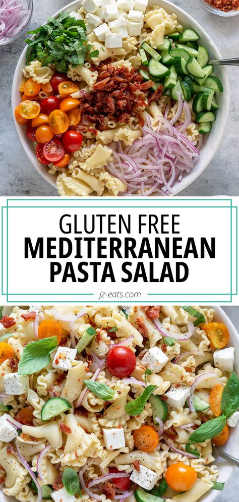 mediterranean pasta salad in a bowl Gluten Free Pasta Salad Recipes, Chickpea Pasta Salad, Picnic Salads, Protein Pasta Salad, Mediterranean Pasta Salad, Gluten Free Pasta Salad, High Protein Pasta, Mediterranean Chickpea, Mediterranean Pasta Salads