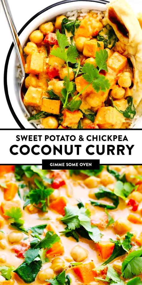 This delicious Sweet Potato Chickpea Coconut Curry recipe is super easy to make, naturally gluten-free, vegetarian and vegan, and it's simmered with tomatoes, garlic, ginger, spinach the coziest creamy coconut curry broth. Goes great with rice and/or naan bread, and tastes amazing for leftovers the next day! | gimmesomeoven.com #curry #healthy #vegetable #vegetarian #vegan #glutenfree #chickpea #sweetpotato #dinner #mealprep #indian Veg Soups, Sweet Potato Chickpea Curry, Creamy Coconut Curry, Coconut Curry Recipe, Curry Broth, Curry Healthy, Potato Chickpea, Coconut Curry Recipes, Chickpea Coconut Curry