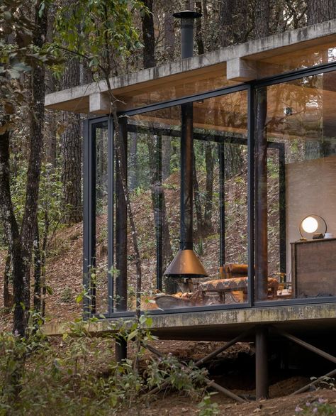 Mexico Interior, Folding Architecture, Glass Cabin, Timber Architecture, Design Building, Cabin In The Woods, Young Couple, Forest House, Sustainable Home