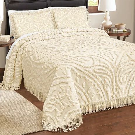 Simple Bed Designs, Cream Bedding, Chenille Bedspread, Simple Bed, Collections Etc, Bedding Stores, Medallion Design, White Home Decor, White Houses