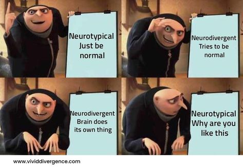 A four-panel meme with a character presenting a plan. The panels read: 'Neurotypical: Just be normal,' 'Neurodivergent: Tries to be normal,' 'Neurodivergent: Brain does its own thing,' and 'Neurotypical: Why are you like this.' The meme humorously represents the internal struggle between neurotypical expectations and neurodivergent experiences. Executive Dysfunction, Relatable Meme, Embrace The Chaos, This Meme, Funny And Relatable, Tag A Friend, The Chaos, Your Brain, Fails