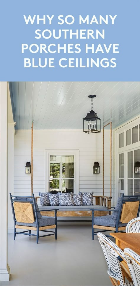 Southern Living Farmhouse, Haint Blue Porch Ceiling, Blue Porch Ceiling, Porch Kits, Porch Landscaping, Southern Porches, Porch Paint, Porch Ceiling, Porch Colors