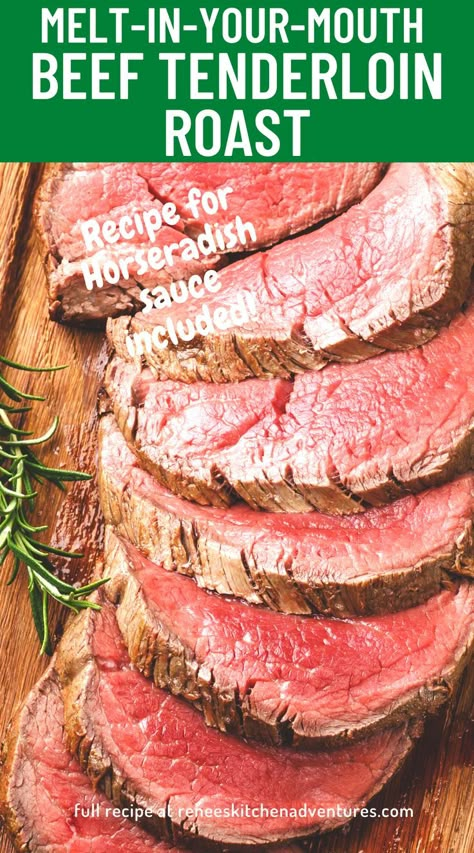 Melt-in-your-mouth Beef Tenderloin Roast by Renee's Kitchen Adventures is an easy to prepare special occasion roast perfect for a holiday meal. People are raving about this easy roast that comes out so tender. Tenderloin Recipes Oven, Beef Tenderloin Roast Recipes, Beef Food Recipes, Filet Mignon Roast, Roasted Beef Tenderloin, Best Dinners, Beef Tenderloin Recipe, Whole Beef Tenderloin, Easy Roast