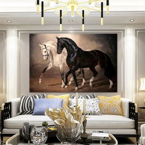 White Horse Painting, Black And White Horse, Horse Wall Art Canvases, Painted Horses, Animal Canvas Art, Equestrian Decor, Horse Wall Art, Horse Wall, Tableau Art