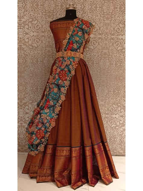 Narayanapet Cotton Lehenga Simple Cotton Lehenga Designs, Half Saree Lehenga Designs, Cotton Lehenga Choli, Cotton Saree Lehenga Designs, Narayanapet Sarees Blouse Designs, Cotton Half Saree South Indian, Cotton Lehenga Designs, Kalamkari Lehenga Indian Weddings, Kalamkari Dupatta With Lehenga