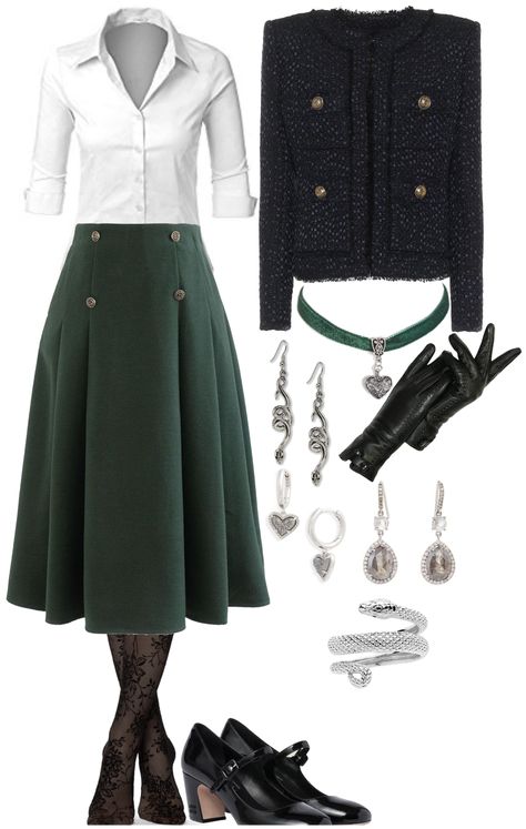 Slytherin outfit ideas | Slytherin Inspired Outfits Casual, Slytherin Outfit Casual, Slytherin Girl Outfit, Slytherin Aesthetic Outfit, Slytherin Outfit Ideas, Casual Dark Academia, Slytherin Girl, Balmain Tweed, Slytherin Outfit