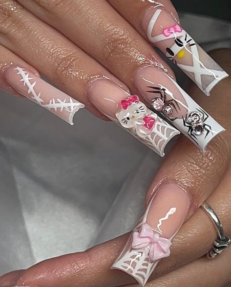 Very cutesy 💕 #hellokitty #hellokittynails #hellokittyspookynails #sppokynails #nailinspo #houston #houstonnails #houstonnailtech #hallween #halloweennails #fall #explore #houstontx Junior H Nails, Cute Long Nails, Concert Nails, Junior H, Halloween Acrylic Nails, Punk Nails, Hard Nails, Colored Acrylic Nails, Cute Acrylic Nail Designs