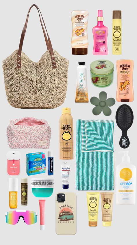 Beach bag Beach Essentials Aesthetic, Beach Necessities, Florida Room, Hawaiian Tropic, Gift Inspo, Wet Brush, Travel Time, Summer Glow, Face Mist