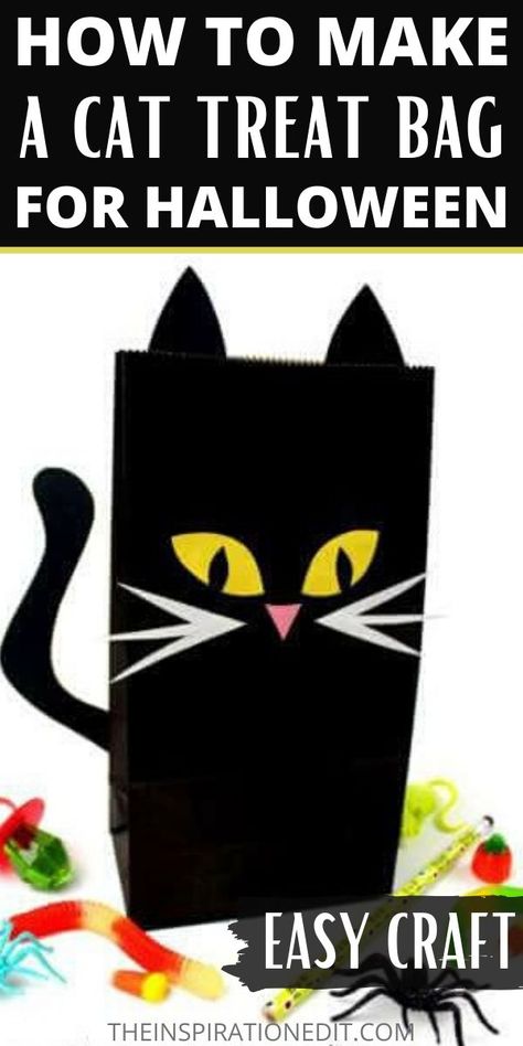 Make your own Easy DIY Halloween Cat Treat Bag for your collected Halloween Treats. This is a fun and simple Halloween craft and we have a template you can download at The Inspiration Edit. Click the link to know more about it. #diyHalloween #treatbags #diytreatbags #Cat #halloween #halloweentreatbag #halloweencat #halloweencraft #craftideas #craftsforkids #kidshalloween #halloweenparty #partysupplies #halloweenpartyideas #trickortreat #diypartyideas #halloweencrafts #halloweencat Cat Themed Crafts, Halloween Edible Crafts, Diy Halloween Cat, Halloween Bags Diy, Halloween Treat Bags Diy, Halloween Gift Bags, Monster Craft, Halloween Goodie Bags, Halloween Crafts For Toddlers