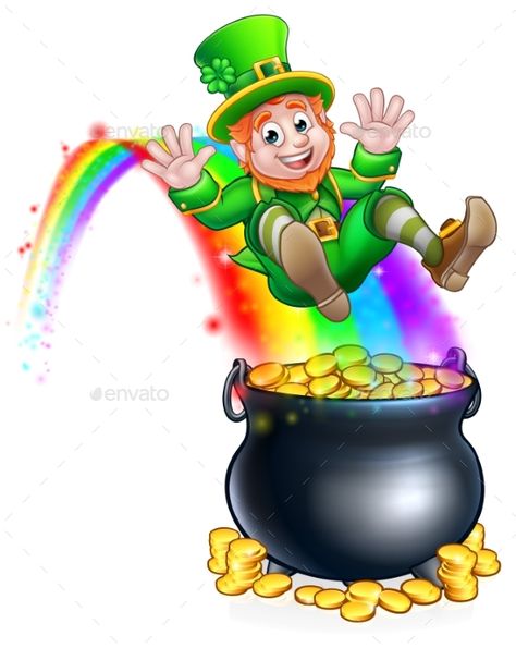 A cute St Patricks day leprechaun cartoon character sliding on rainbow into a pot of gold Leprechaun Pictures, Rainbow Pot Of Gold, St Patricks Day Leprechaun, St Patricks Day Pictures, St Patricks Day Wallpaper, St Patricks Day Clipart, Saint Patricks Day Art, Fall Classroom, St Patrick's Day Decorations