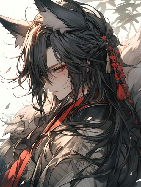 Kitsune Human Male, Kitsune Boy, Male Kitsune, Wolf Anime Boy, Wolf Boy, Anime Guy With Wolf Ears, Anime Wolf Boy, Wolf Boy Oc, Male Kitsune Character Design