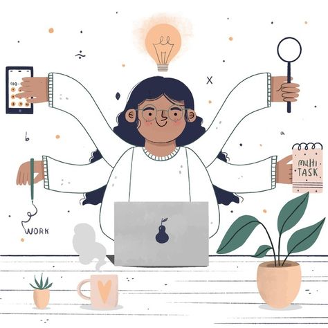 Creative People Illustration, Multitasking Woman Illustration, Multitasking Aesthetic, Working Women Illustration Art, Working Woman Illustration, Business Woman Drawing, Business Woman Illustration, Charted Accountant Wallpaper, Business Woman Cartoon