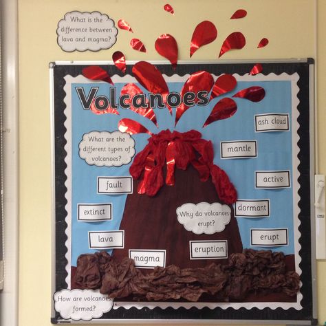 Volcano display for Vacation Under the Volcano (Magic Tree House). Volcano Display, Volcano Science Fair Project, Ideas For Science Fair, Computing Display, Volcano Projects, Volcano Activities, Science Fair Projects Boards, School Science Projects, Third Grade Science