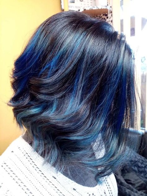 Blue Hair Peekaboo Highlights, Blue Fashion Color Hair, Shades Of Blue Hair Dye, Royal Blue Hair Highlights, Blue Faded Hair, Blue Ombre Hair Medium Length, Navy Blue Hair Color Highlights, Haircolor Ideas For 2023 Short Hair, Blue And Black Hair Short