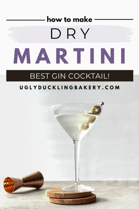 martini in a martini glass garnished with three olives on two coasters next to a jigger. The title says How to Make a Dry Martini. Best Gin Cocktail. The website ugly duckling bakery dot com is below. Gin Martini Recipes, Fall Gin Cocktails, Salty Appetizers, Dry Martini Recipe, Dry Gin Martini, Fall Cocktail Party, Black Dress Simple, Best Gin Cocktails, Dress Simple Elegant