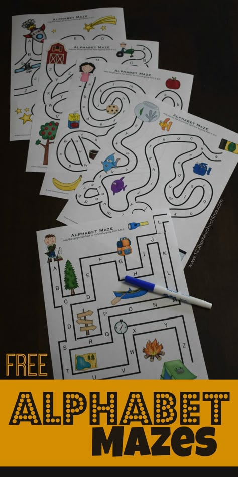 Free Printable Alphabet, Maze Worksheet, Abc Games, Mazes For Kids, Abc Activities, Alphabet A, Preschool Literacy, Printable Alphabet, Preschool Letters