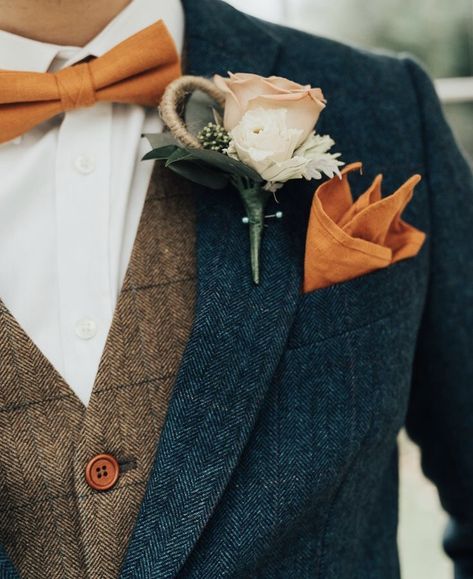 Wedding Suits Men Blue, Groom Suit Navy, Orange Bow Tie, Rose Buttonhole, Carpenter Photography, Hoop Decor, Golden Hour Wedding, Fall Wedding Color Schemes, The Suits