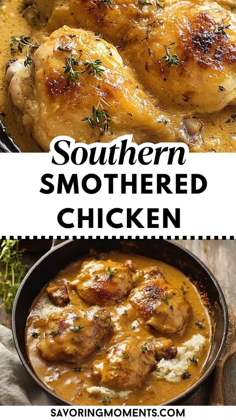 Tender chicken thighs simmered in a rich, creamy gravy with onions and garlic, creating a mouthwatering Southern classic. Comfort food at its best, perfect for family dinners or cozy nights in. Craving something new? Get the recipe here. #southernchicken #comfortfood #smotheredchicken #chickenrecipe #southernrecipes #homemadegravy #easychickenrecipes #chickendinner #weeknightmeals #soulfood Crock Pot Chicken And Gravy Recipes, Special Food Ideas, Gravy Smothered Chicken, Roasted Chicken And Gravy, Smothered Chicken Southern, Baked Chicken In Gravy, Southern Smothered Chicken Recipes, Smothered Chicken With Gravy Southern, Chicken In Gravy Recipes