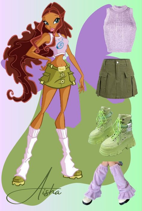 Cartoon Character Inspired Outfits, Aisha Winx Club Outfit, Cartoon Characters Outfits Ideas, Cartoon Characters Outfits, Totally Spies Outfits, Aisha Winx Club, Winx Aisha, Winx Outfits, Movie Fashion Outfits