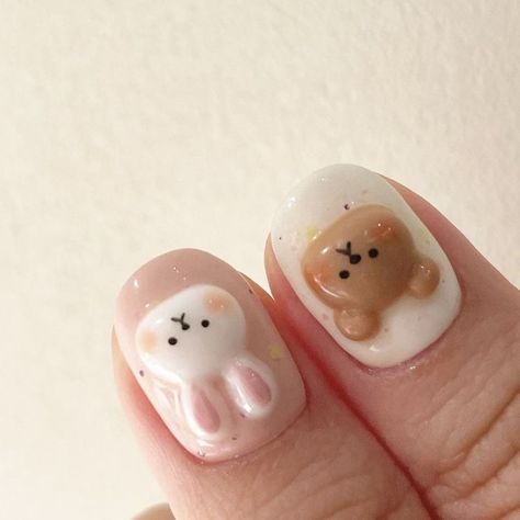 Short Teddy Bear Nails, Molang Nails, Fall Bear Nails, Cute Bear Nail Art, Cute 3d Nail Designs, Dog Design Nails, 3d Bear Nails, Spring Nails Korean, Spring Korean Nails