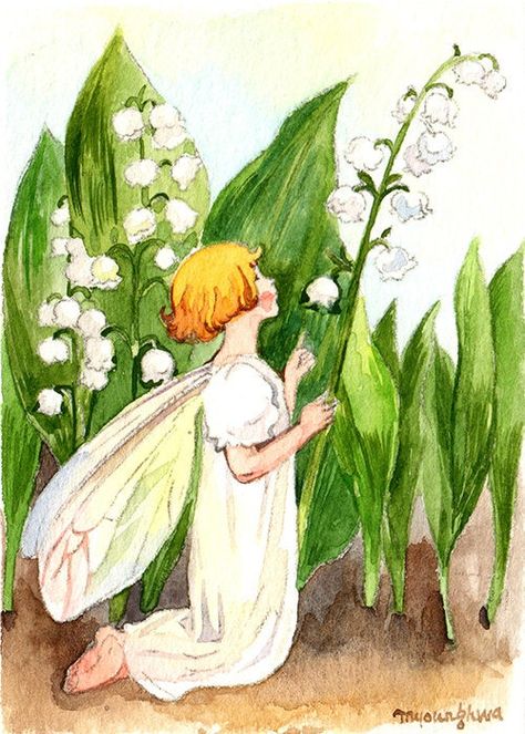 ACEO Limited Edition 2/25- Lily of the valley fairy inspired by Cicely Mary Barker,Flower fairy art print of original ACEO watercolor Watercolor Lily Of The Valley, Flower Fairy Art, Watercolor Lily, Fairy Nursery, Lily Of The Valley Flowers, Fairy Illustration, Valley Flowers, Cicely Mary Barker, Flower Fairies