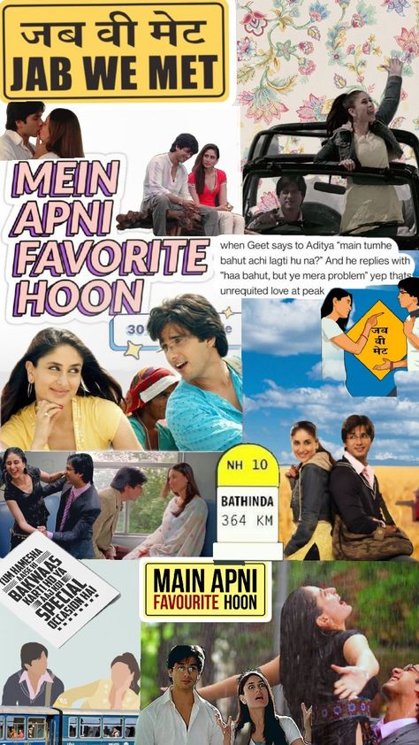 #jabwemet #shuffel #pinterest Jab We Met Collage, Jab We Meet Aesthetic, Bollywood Posters Aesthetic, Jab We Met Wallpaper, Bollywood Journal, Jab We Met Aesthetic, Bollywood Love Quotes, Jab We Met, Bollywood Wallpaper