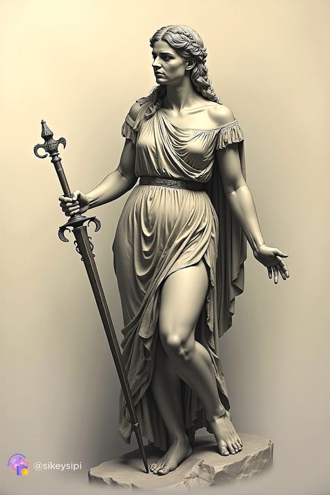 In this striking artwork, Nemesis, the goddess of divine justice, holds a sword, symbolizing her power to bring retribution to those who deserve it. Her poised yet formidable stance reflects her role in restoring balance and punishing excess in Greek mythology. #Nemesis #GoddessOfRetribution #GreekMythology #DivineJustice #SwordOfJustice #MythologicalFigures #EpicArt Athena Symbolism, Nemesis Goddess, Divine Justice, Roman Myth, Goddess Of Justice, Body Study, Ancient Greek Sculpture, Lady Justice, Greco Roman