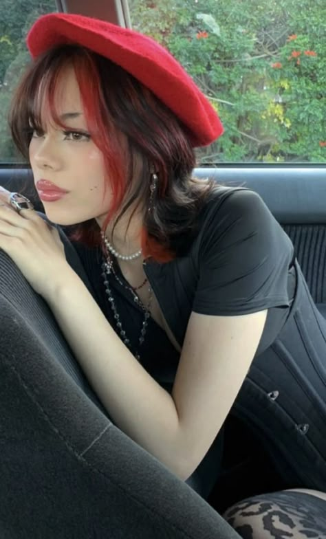 Red Halo Hair, Red Hair Streaks, Black Hair With Red Highlights, Underdye Hair, Dyed Bangs, Red Hair Trends, Black Red Hair, Short Red Hair, Layered Hair With Bangs