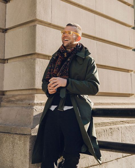 Chris Black Wears Our City Raincoat (In the City) | Drake's Chris Black, Workwear Menswear, Guys Style, Handsome Devil, Scarf Bandana, Mens Fashion Inspiration, Irish Men, Black Outfits, Bird Of Paradise