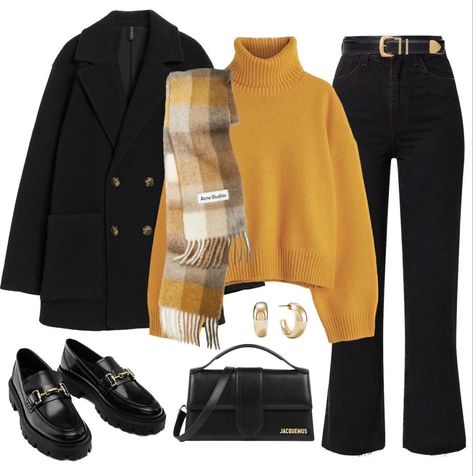 Jacquemus Earrings, Sweater Hm, Hm Jeans, Bag Jacquemus, Mustard Yellow Sweater, Cropped Coat, Winter Fashion Outfits Casual, Yellow Outfit, Classy Work Outfits