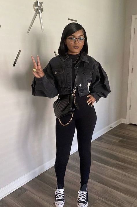 Black High School Outfits, Cute All Black Outfits Baddie, Black Crop Top Jacket Outfit, All Black Semi Casual Women, Dinner Outfits All Black, Cute Outfits With Converse Black, Sneaker Party Outfits Women, Black One Piece Outfit Ideas, Anniversary Outfits For Women Fall