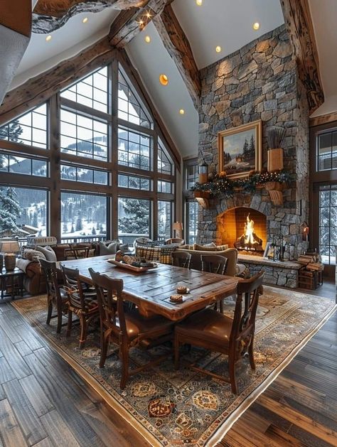 Ski Lodge Dining Room, Large Dining Room Layout, Rustic Cabin Dining Room, Barndominium Windows, Log Cabin Dining Room, Cabin Dining Room, Cabin Inspiration, Barn Style House Plans, Dream Life House