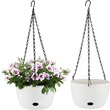 Amazon.com: T4U Self Watering Hanging Planter Pot with Watering Hole 8 Inch White Set of 2 - Round Plastic Hanging Basket Flower Pot Plant Holder for Outdoor Garden House Porch Decor Wedding Gift: Garden & Outdoor Plastic Hanging Planters, Green Flower Pots, Plastic Hanging Baskets, House Porch, Self Watering Plants, Self Watering Pots, Watering Hole, Hanging Flower Baskets, Hanging Flower Pots