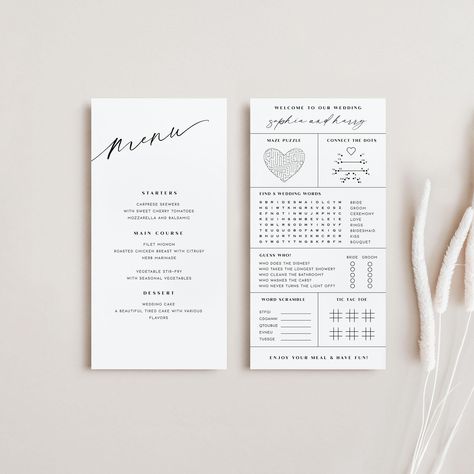 Are you looking for a unique and entertaining way to keep your guests engaged during your wedding reception? Make your special day even more memorable with our wedding menu activity game sheet. This menu template with table games is the perfect addition to your wedding menu cards, adding a lot of fun and excitement to your celebration.  Personalize your menu game sheet with your names, wedding dates, and colors to match your wedding decor perfectly. Simply edit your templates with Corjl, a free Table Games Wedding, Table Names Wedding Ideas, Table Menu Wedding, Menu For Wedding, Wedding Table Games, Reception Games, Wedding Activity, Wedding Dates, Wedding Reception Games