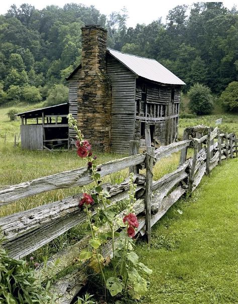 The Hollyhocks Still Bloom at an Abandoned House | Content in a Cottage Barn Photography, Country Barns, Flowers Growing, Forgotten Places, Rail Fence, Farm Houses, Inspiring Photos, Rural Scenes, Old Farm Houses