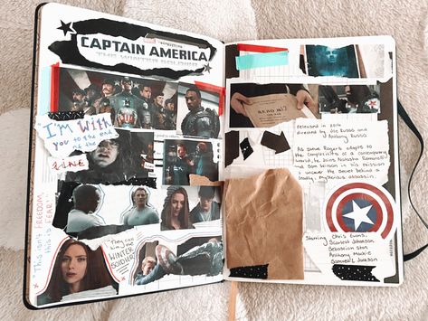 journal spread of marvel’s captain america the winter soldier Marvel Journaling, Marvel Journal Page, Marvel Scrapbook, Marvel Journal, Marvel Books, Friends Journal, Movie Collage, Diy Photo Book, Music Journal