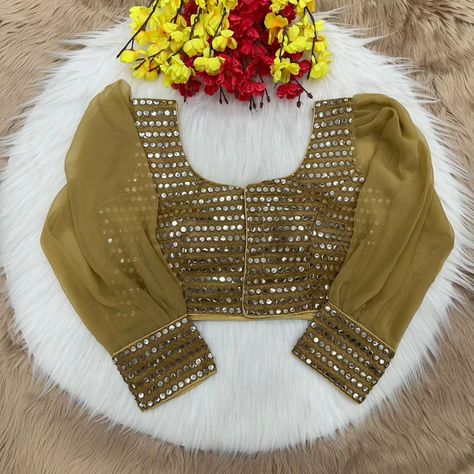 *Designer Party Wear Mirror Blouse With Fancy Latkan* *Fabric :- Silk With Mirror Work Jorjet Slave* *Height :- 14 Inc* *Sleeves :- Full Slave (21inch)* *Size :- 38 With Margin Upto 40* *Open :- Front Open With Hook* *Padded :- Yes* *Inner :- Yes* *Rate :- 899 Front Hook Blouse Designs, Party Blouse With Mirror Work And Long Sleeves, Halter Neck Full Sleeve Blouse, Luxury Mirror Work Blouse For Puja, Fitted Raw Silk Top With Mirror Work, Golden Full Sleeve Blouse, Mirror Work, Front Open, Blouse Designs