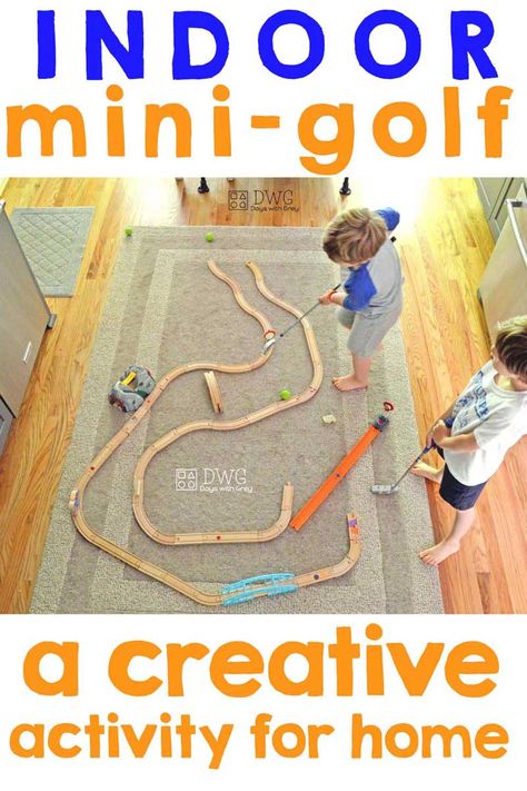 Creative activities for indoor play can be kept simple. Learn how to make a mini golf course using wooden train tracks. Sports Day At Home Kids, Random Activities, Indoor Mini Golf, Kid Summer, Kids Activities At Home, Activities For Kids At Home, Indoor Activities For Toddlers, Diy Preschool, Holiday Club