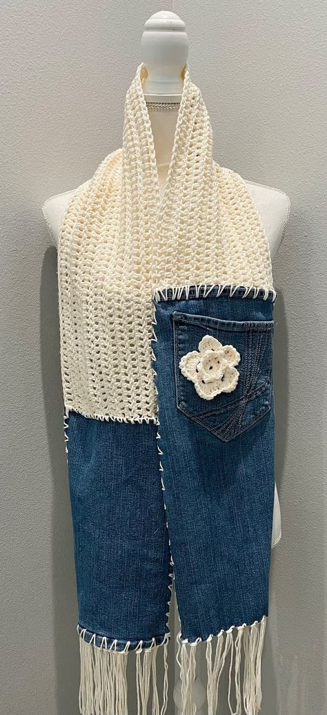 Boho Scarf Bohemian Scarf Denim Scarf Denim Accessories - Etsy Denim And Crochet Scarf, Denim Crafts Upcycling, Bohemian Crochet Patterns, Brisbane Fashion, Sweater Coat Pattern, Denim Scarf, Hippie Scarf, Bohemian Scarf, Crochet Couture